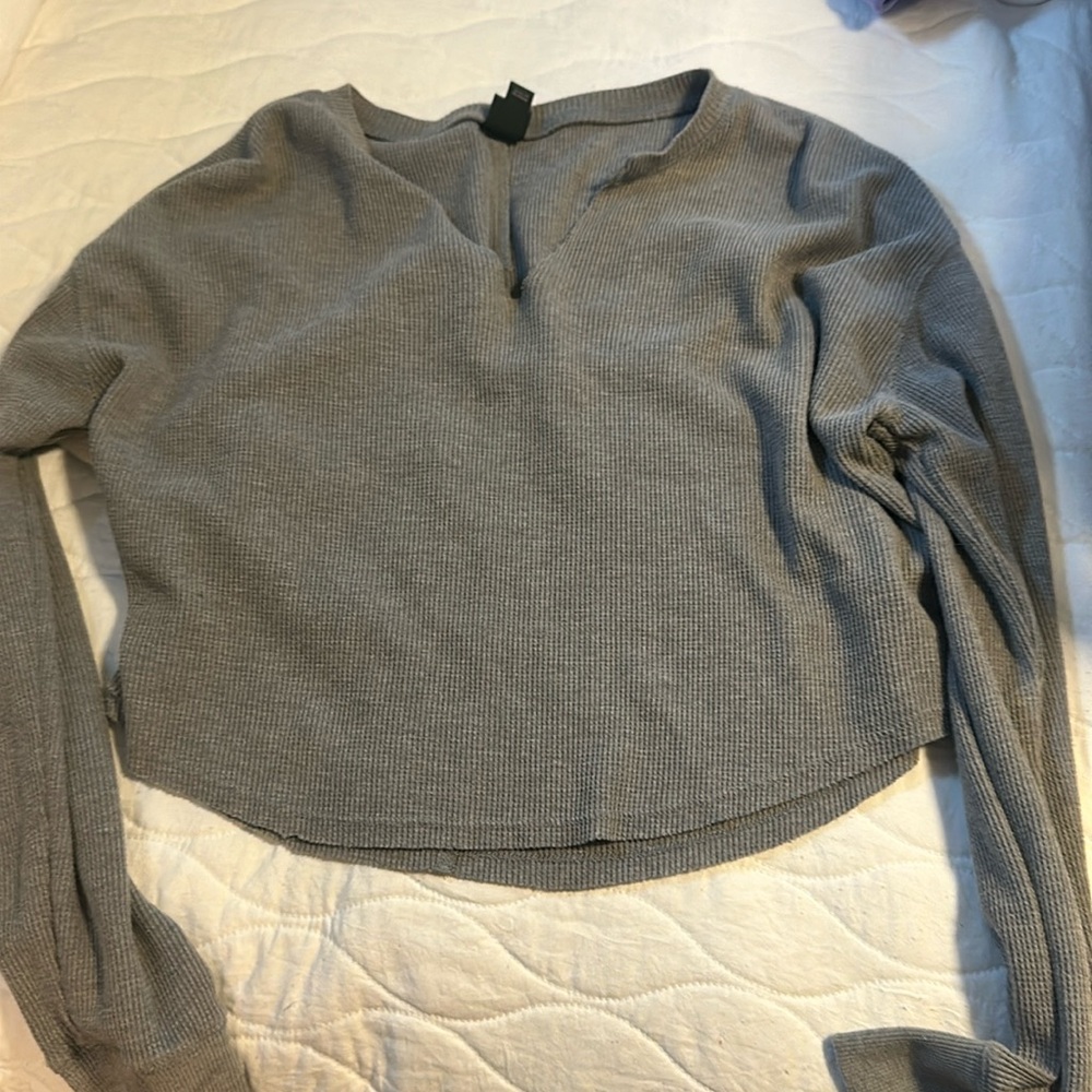 Gray Waffle Knit Long Sleeve Top